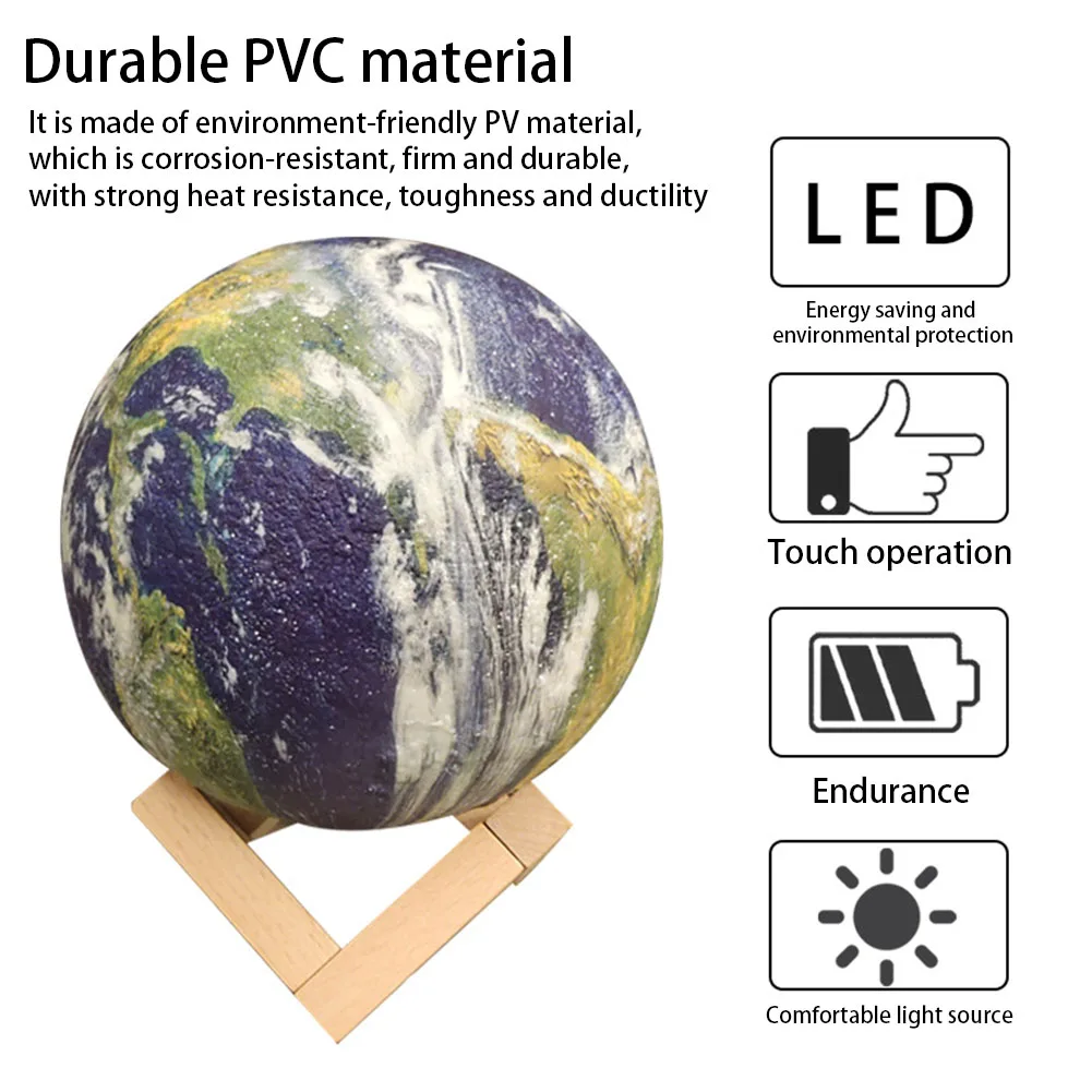 

3D Office Desktop Ornament Kids Room Baby LED Earth Lamp With Wood Stand Home Night Light Touch Switch Bedroom USB Rechargeable
