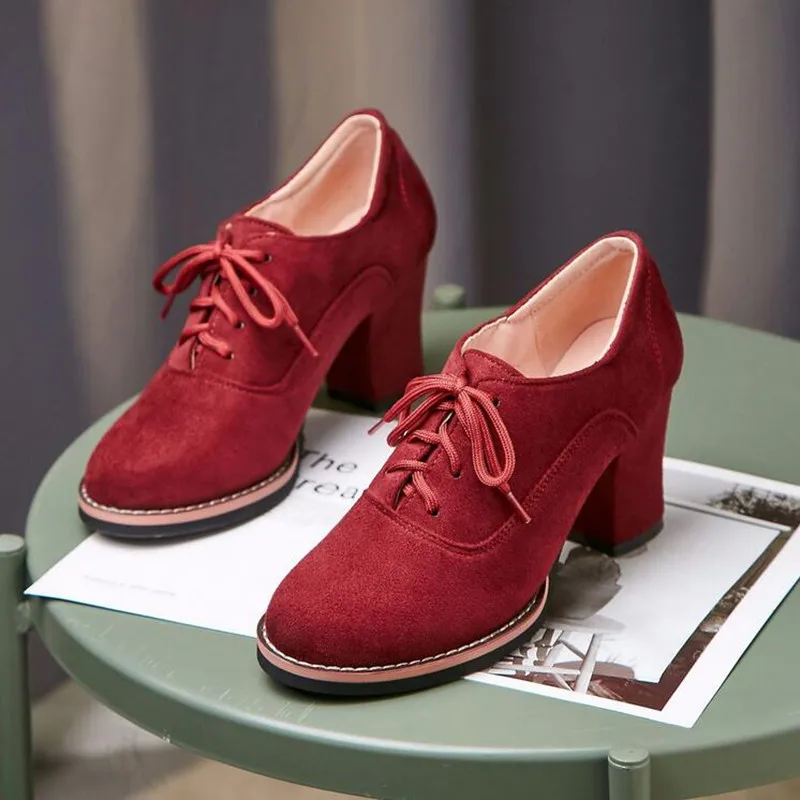 Womens Ankle Boots Flock High Heels Lace Up Chunky Heels Shoes Casuales Comfortable Shoes Woman Boots Fashion Shoes for Ladies