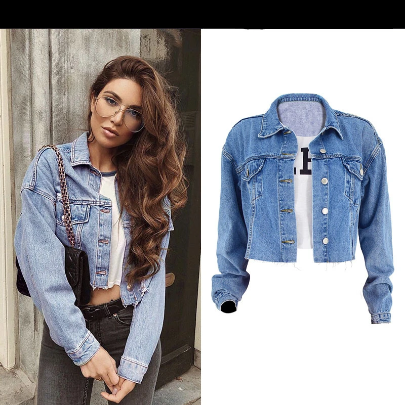 Женская джинсовая куртка с длинным рукавом свободная повседневная короткая из