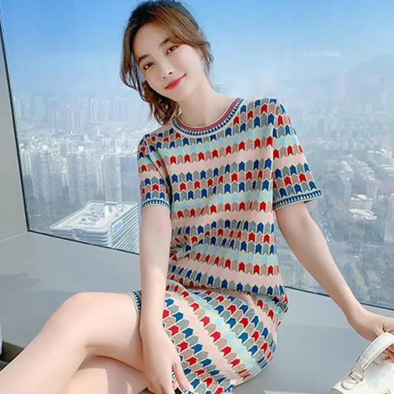 

2021 new style spring summer temperament round neck ice silk knitted dress women's color matching striped T-shirt skirt fashion