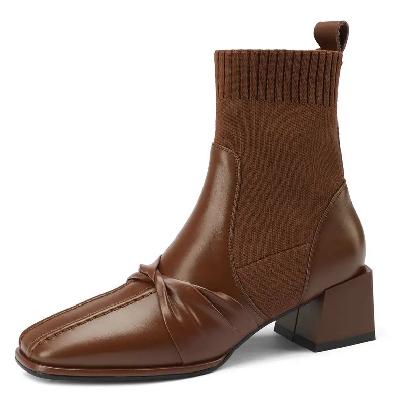 

2021 Autumn Winter Women Ankle Boots Retro Concise Genuine Leather Low Heels Casual New Knitting Slim Short Shoes Woman
