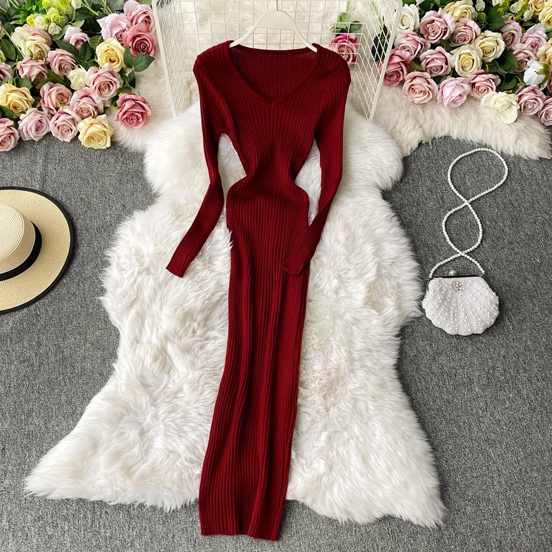 

Bodycon Sweater Dress Women Thick Korean New Knitted Jumper Dresses Solid 2021 Woman Warm Casual Pollover Winter Vestido Midi