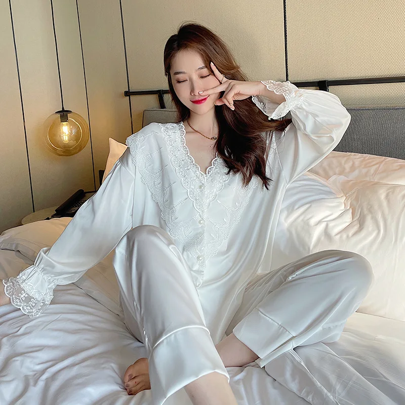

Summer Sexy Lace Trim Princess Collar Pajamas Sleepwear Autumn Ice Silk Long Sleeve Trousers Suit Women's Nightwear Pyjamas Set