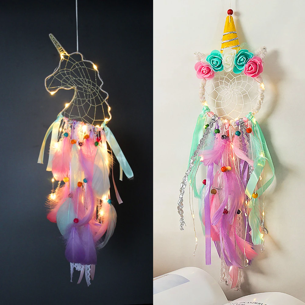

Unicorn Dream Catcher With Light Home Decor Colorful Dream Catcher for Girls Kids Nursery Bedroom Decoration Blessing Gift