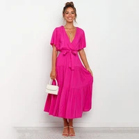 womens dresses 2021 new spring and summer lace up short sleeve casual ruffle v neck fashion party solid color sexy ankle dress