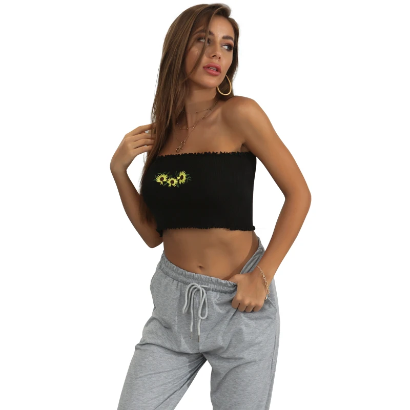 

Summer Women Top Strapless Sexy Slash Neck Vest Embroidery Floral Out Wear Black Tank Top Female New Fashion Short Vest