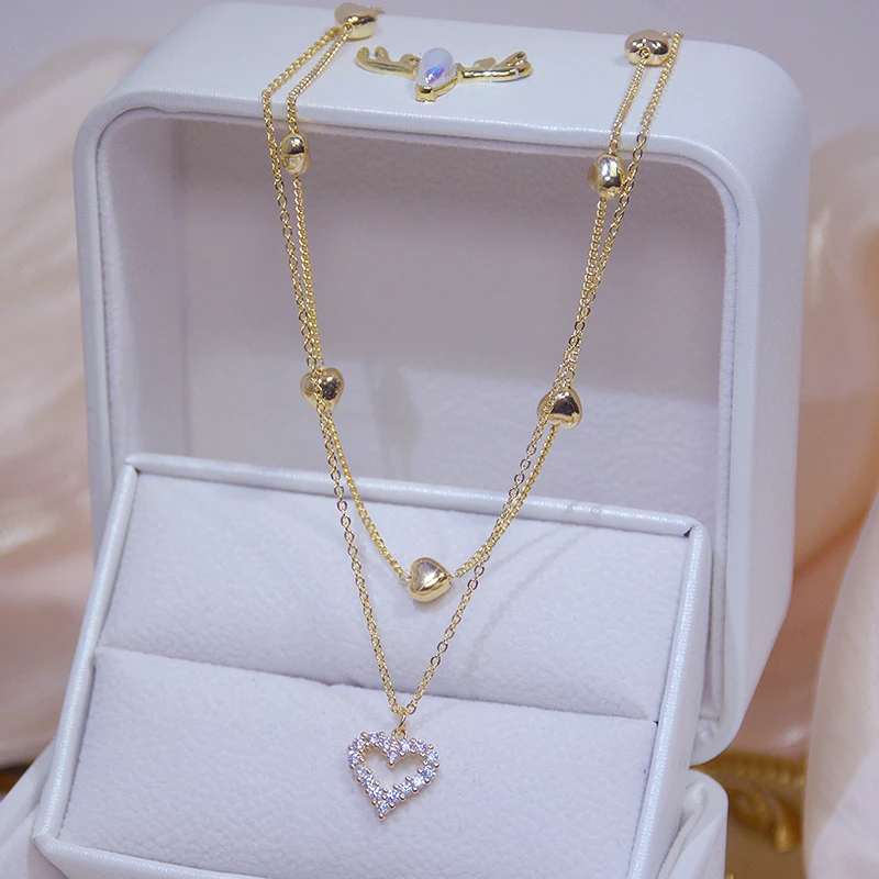 

Trendy hot 14k real gold jewelry Double layer heart Chain necklace for women Bling AAA Zirconia Elegant charm Pendant party gift
