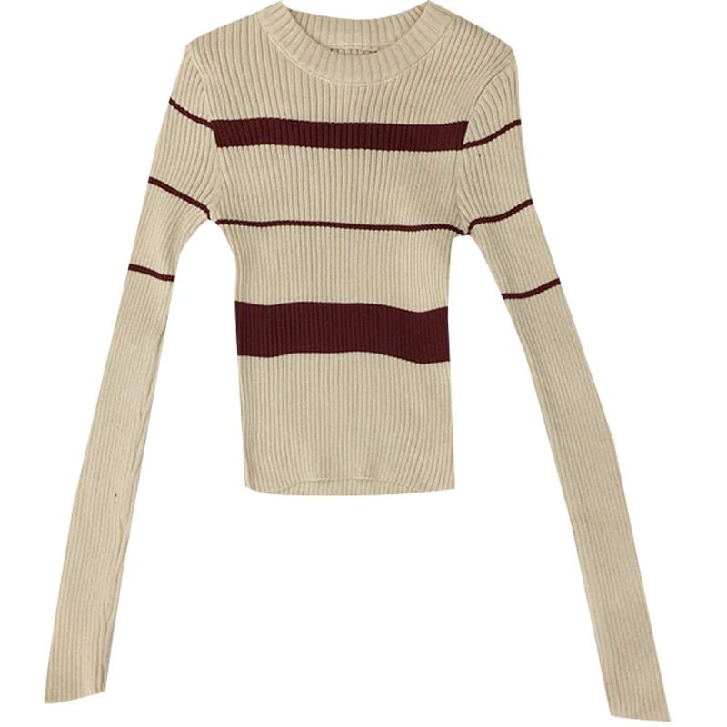 

Korean Fall Striped Slim Short Sweaters Women Fashion O Neck Long Sleeve Qualities Knitwear Female All Match Elastic Basic Tops