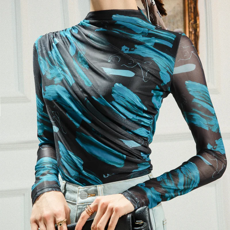 

Новая сетчатая рубашка с принтом, женские маленькие топы для латиноамериканских танцев с высоким воротом для женщин, костюмы для латиноаме...