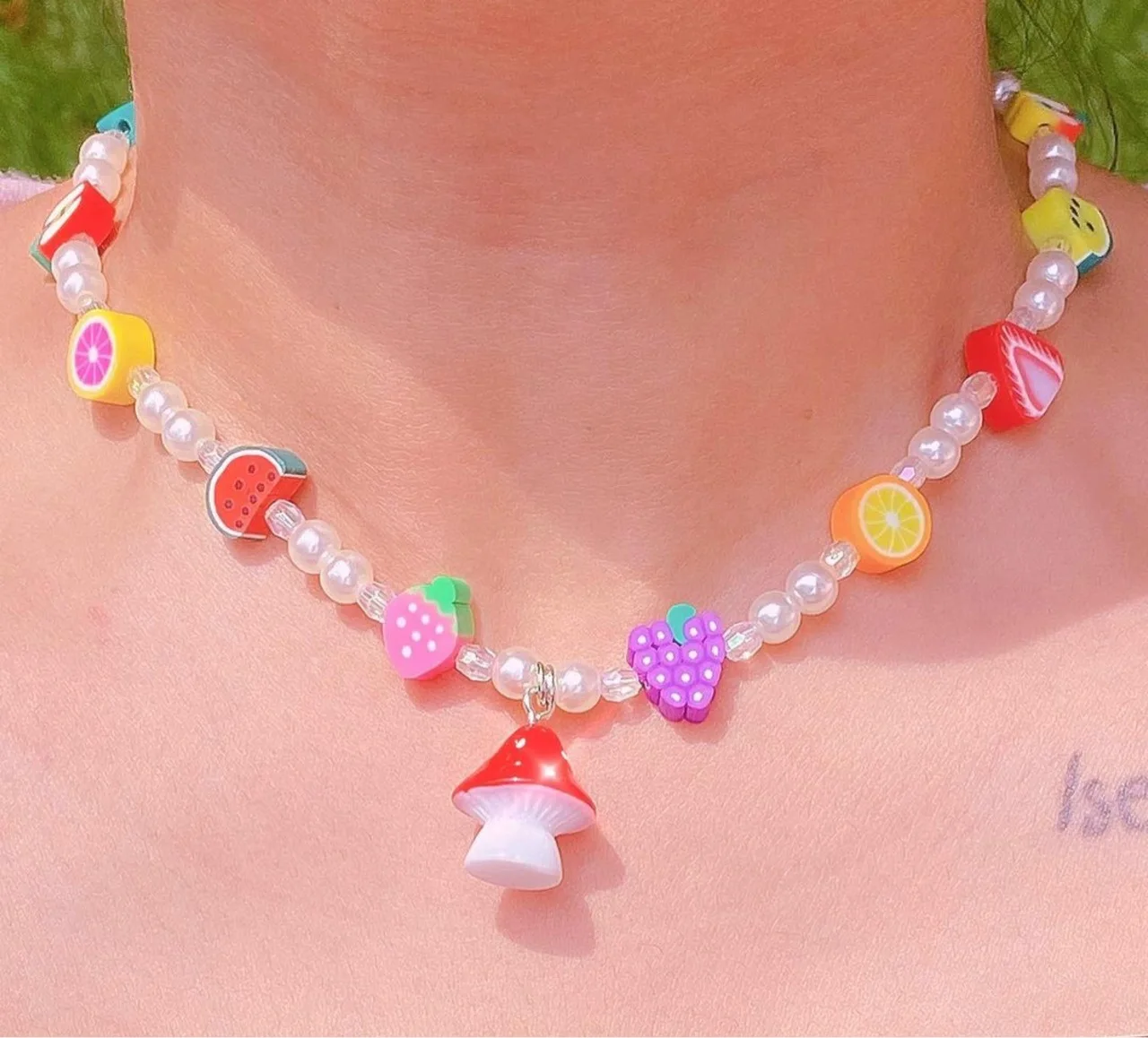 

Funny Cute Mushroom Pendant Necklaces for Women Neck Chains Jewelry Harajuku Multicolor Clay Fruit Melon Pearl Chain Chokers New