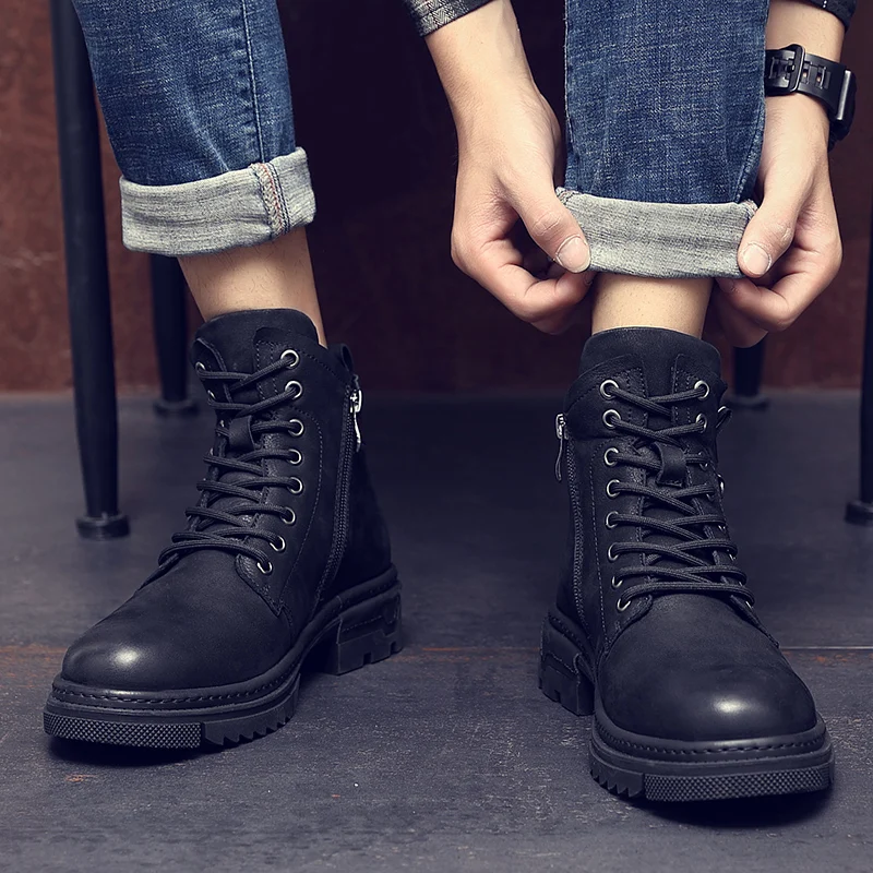 

Genuine Leather Men's Military Boots Spring Men Boots Motorcycle Boots Warm Fur Winter Boots Male Side Zipper Autumn Shoes #2075