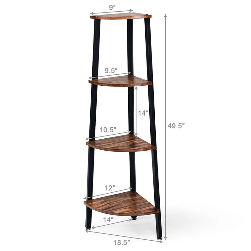 

4-Tier Corner Shelf Metal Storage Rack Domestic Bookcase Large Storage Space Shelf Industrial and Simple Design