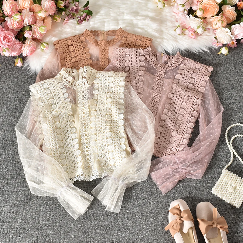 

Summer Women Flare Sleeve Basic Polka Dot Mesh Gauze Ruffles Shirt Lady Short Slim Hollow Lace Flower Pullover Chic Blouse Tops