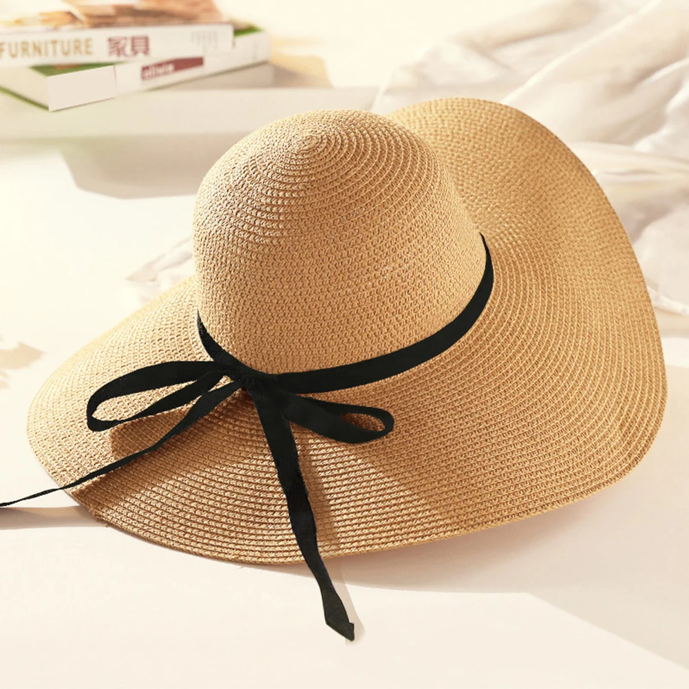 

Foldable Cap Fashion Floppy Straw Hot Summer Girl Ladies Beach Bowknot Windproof Wide Brim Holiday Women Hats Sun