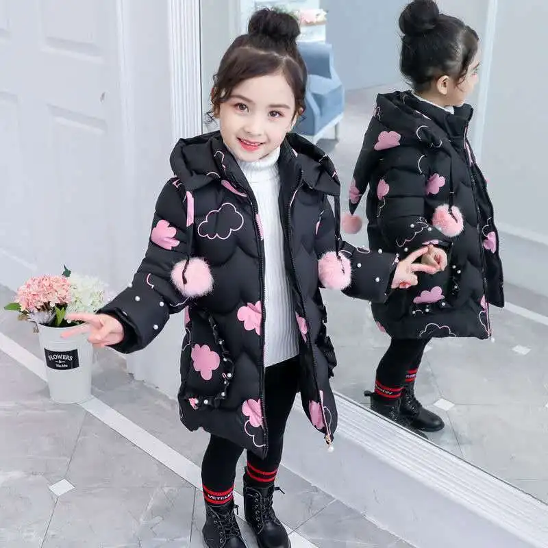 

2021 New Children Winter Clothing Fashion Girl Clothes Warm Hooded Long Down Cotton Glossy Jacket Coats for Kids Outerwear Parka