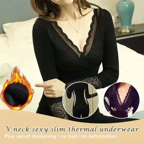Сексуальное Кружевное термобелье с V-образным вырезом женский жилет зимнее термобелье женская одежда терморубашка женское термобелье терм...