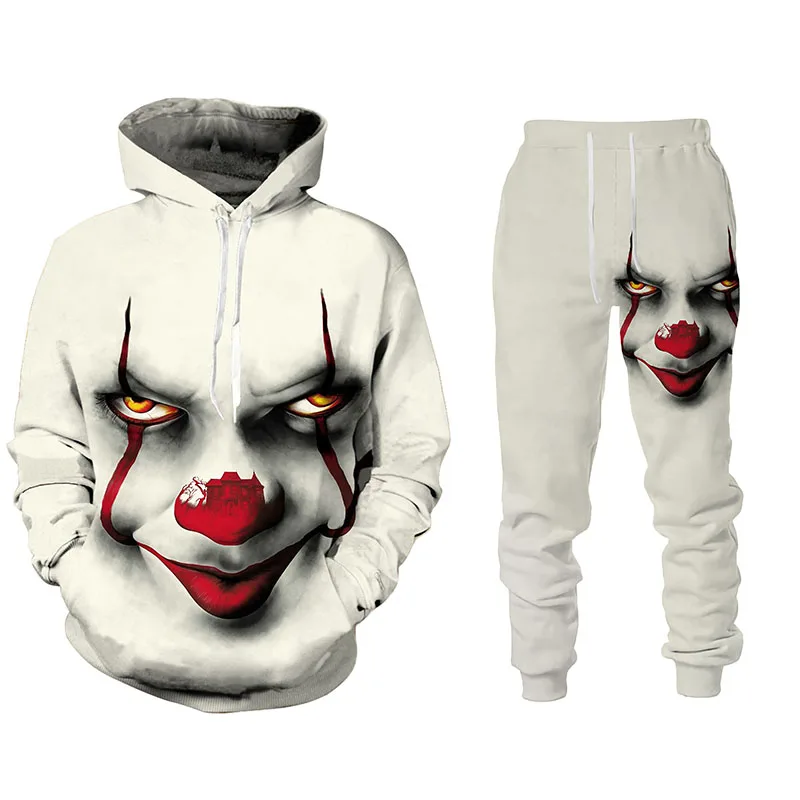 

Men's Hoodies sweatpants 2 Piece Set Men Sportswear Tracksuit Long Sleeve Oversized Clothing Suit Autumn 3D Demon Clown Printed