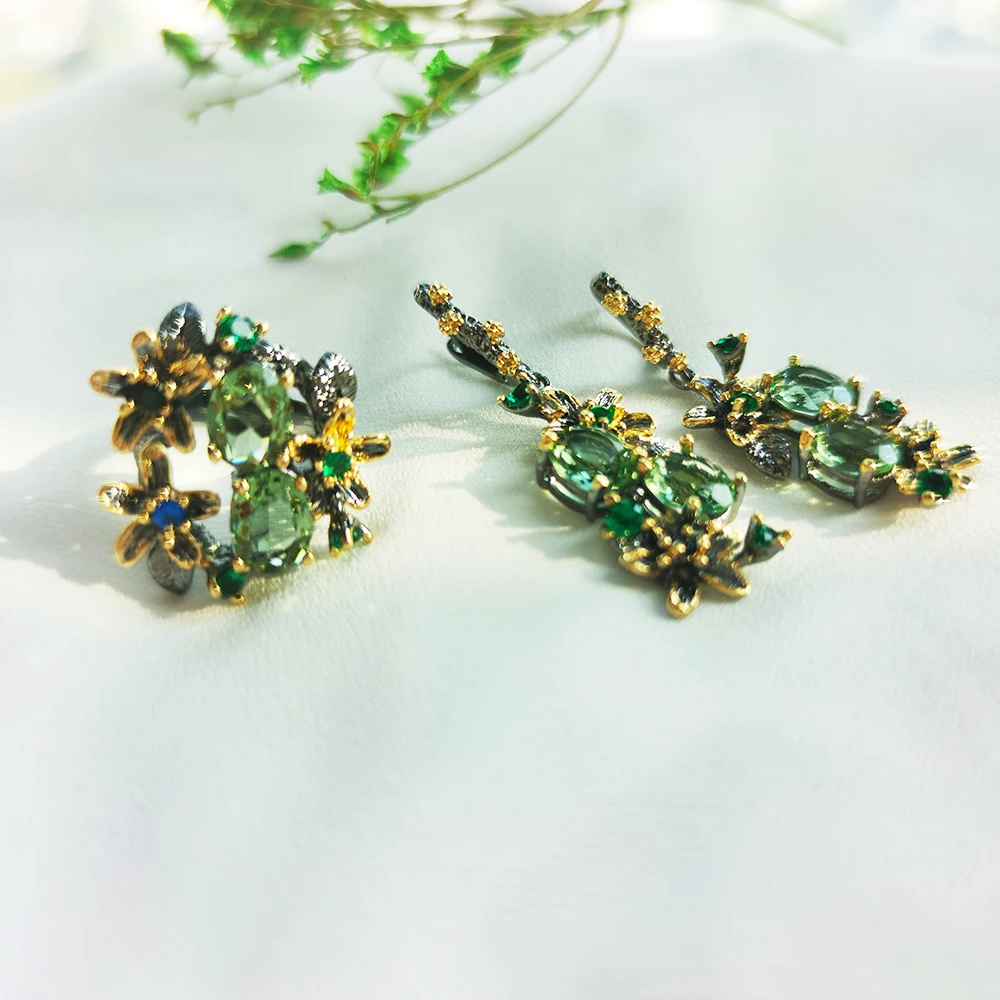 Красивые серьги Olivine с кристаллами Кольцо Ювелирный Набор цветок серьги мульти Циркон черный металл 2 шт Ювелирные наборы для мам подарки