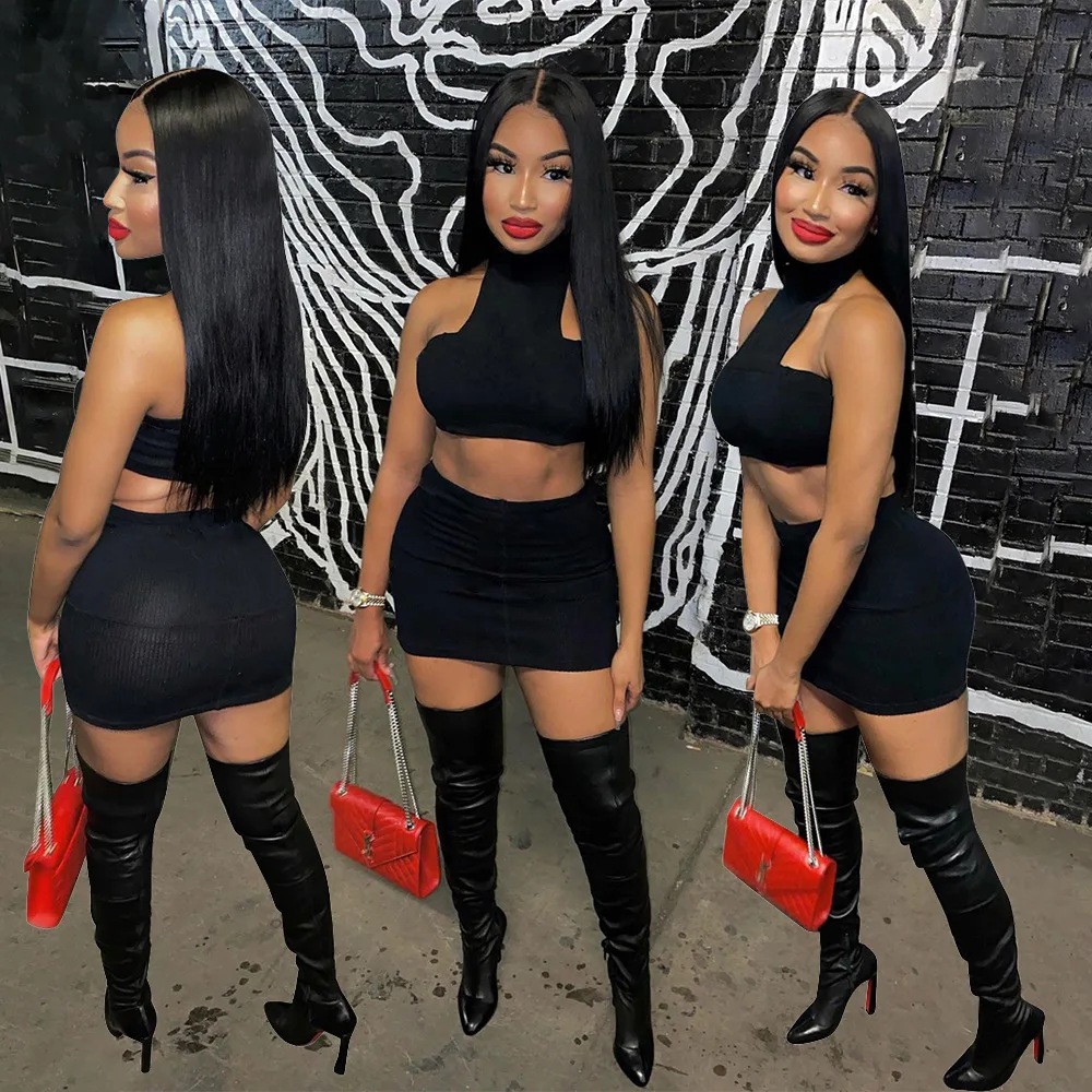 

Sexy Black Bandage 2 Piece Club Outfits Women Off Shoulder Crop Top + Slim Fit Mini Skirts Sweet Cute Girls Club Bar Tracksuit