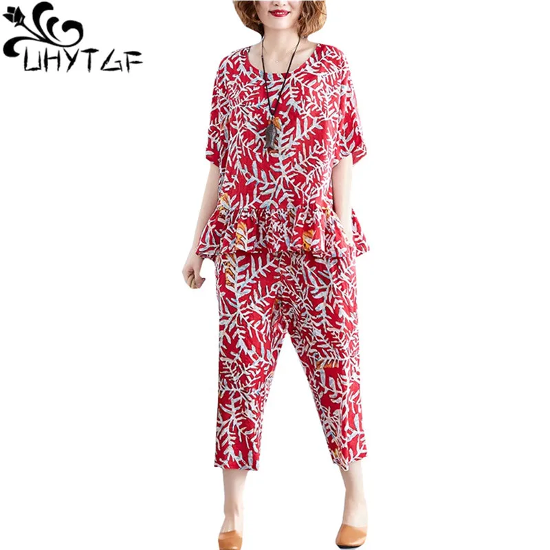 

UHYTGF Elegant mother summer 2 piece set fashion cotton linen printed ruffles women suit soft casual loose plus size costume1125