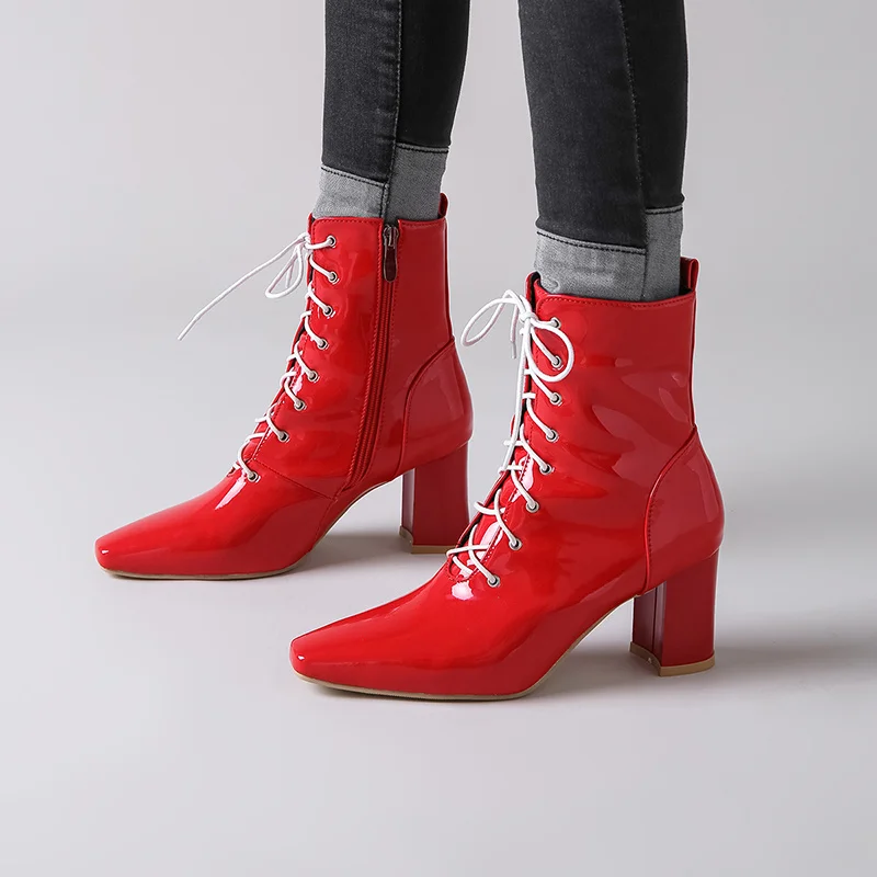 Plus Size 47 Autumn Winter Ankle Boots For Women Patent Leather Waterproof Short Fashion Lace-up Red White Motorcycle Boot | Обувь