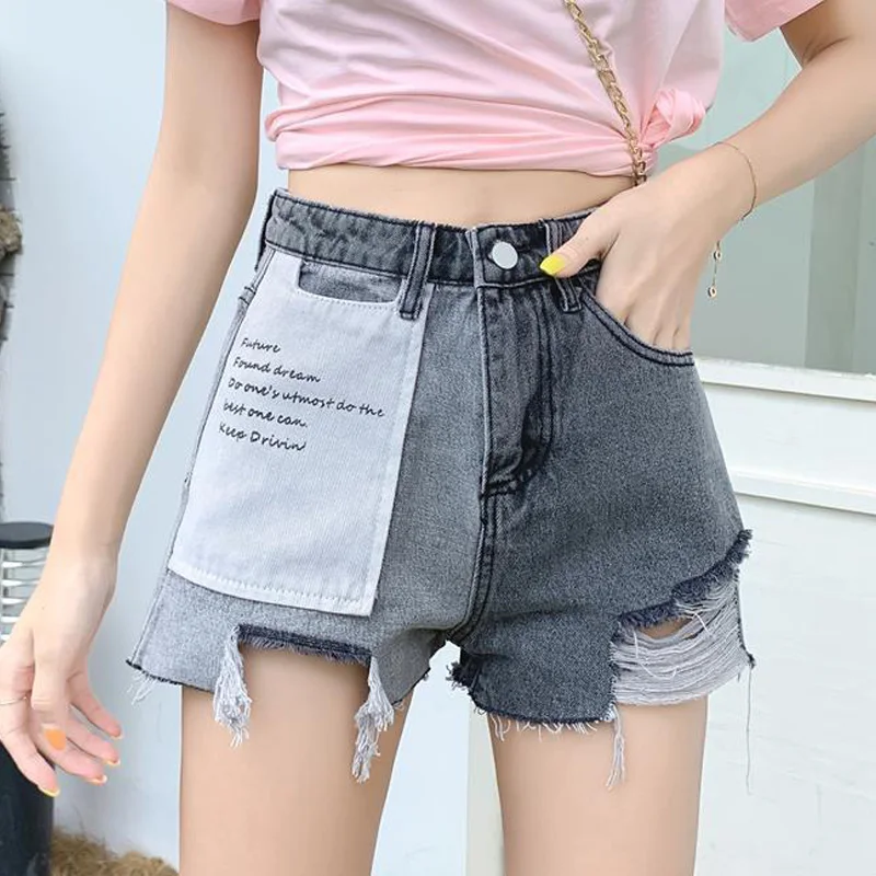

High Waist Women Jeans Shorts 2021 Summer Denim Cotton Zipper Prints Splicing Hole Ladies Skinny Sexy Nightclub Super Short Jean