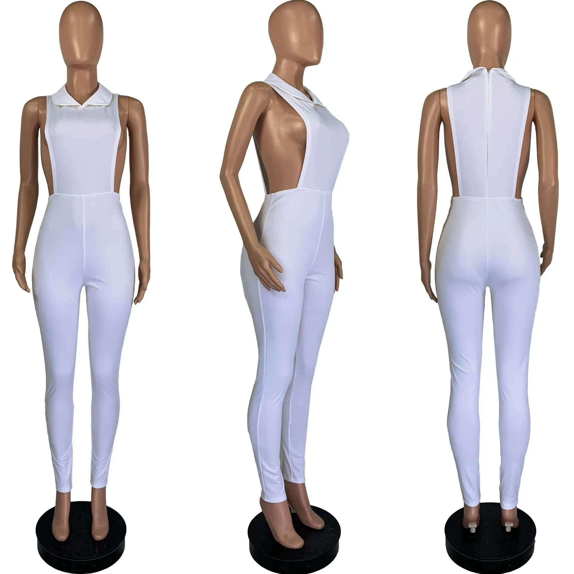 

Summer new solid cut out bodysuit fashion slim Lapel sleeveless women's tank top pants