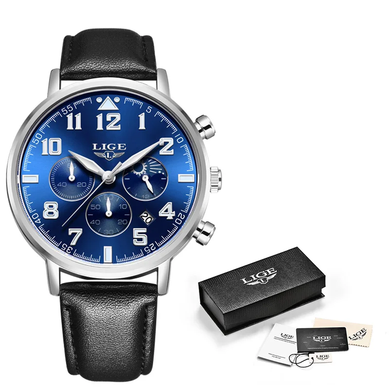 Silver blue L LIGE новые мужские s часы лучший бренд класса люкс Бизнес Кварцевые часы мужские спортивные полностью стальные Водонепроницаемые Синие часы Relogio Masculino - Цвет: Silver blue L