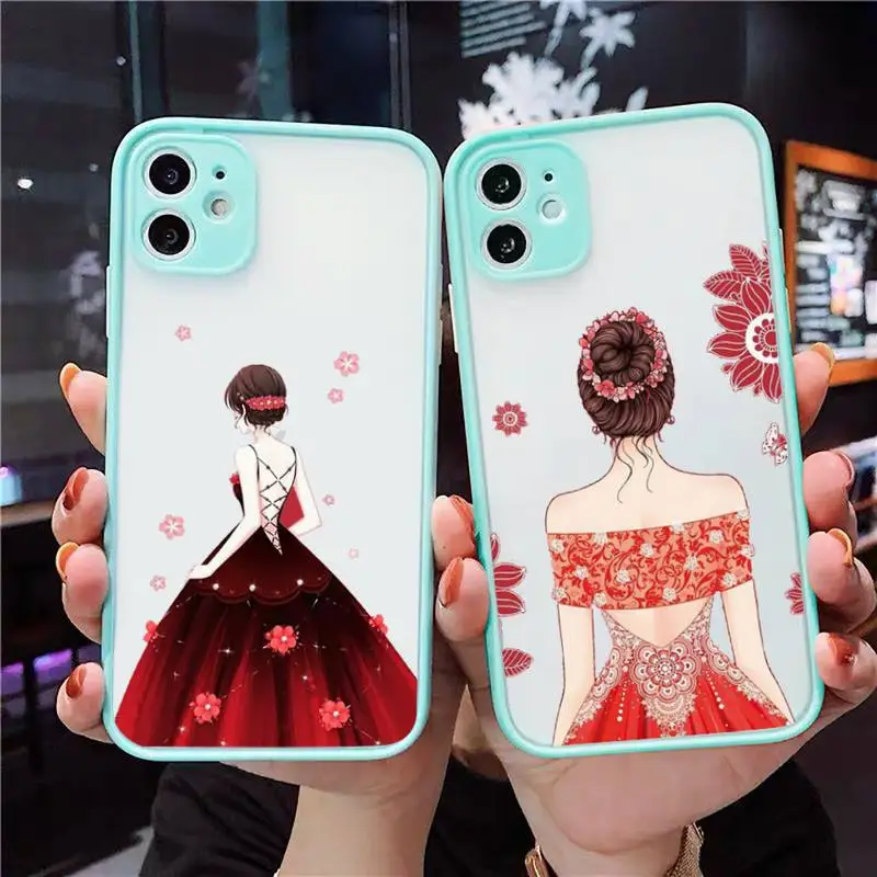 

Fashion red dress girl marry couple Phone Case Clear Funda matte transparent For blue iPhone 7 8 x xs xr 11 12 pro plus max mini