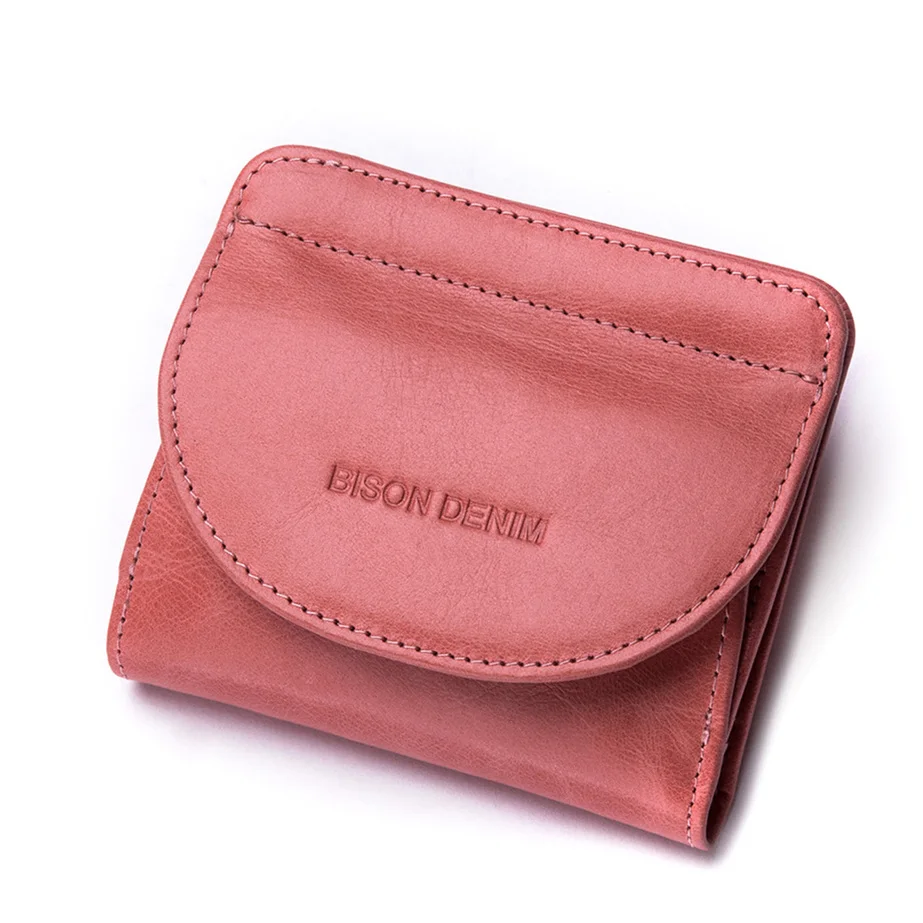 Pink BISON DENIM, Женский кошелек из натуральной кожи, модный держатель для карт, Женский кошелек для монет, мини клатч, сумка для денег для девочек, B3274 - Цвет: Pink