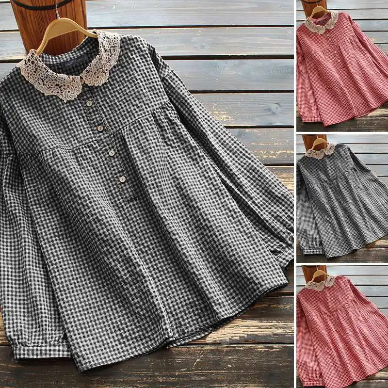 Винтажная блузка ZANZEA Женская в стиле оверсайз клетчатая рубашка с длинным