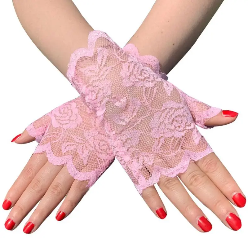 

Women Summer Hollow Out Floral Lace Fingerless Gloves UV Sun Protection Driving Short Half Finger Mittens