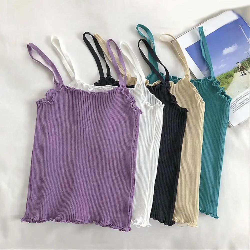 

Однотонный женский жилет без рукавов с оборками, топик на бретельках, простой и стильный Однотонный женский жилет