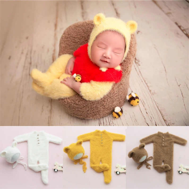 Dvotinst Baby Newborn Photography Props Soft Knitted Cute Bear Hat Bonnet Outfits 2pcs Bees Fotografia Studio Shoots Photo Props