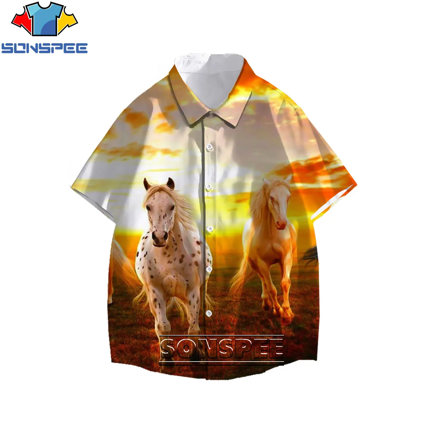 

SONSPEE 3D Print Big Size Men Woman Hawaiian Shirt New Animal White Horse Steed Pentium Grassland Hip Hop Harajuku Shirt For Men