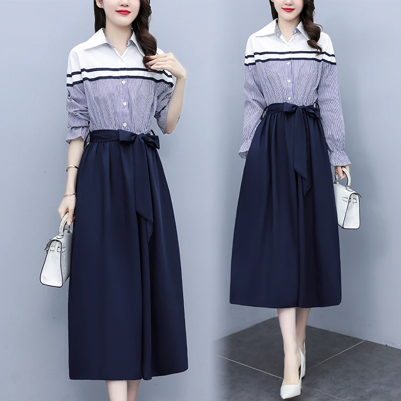 

Женское однобортное платье в полоску, с длинным рукавом и поясом на резинке