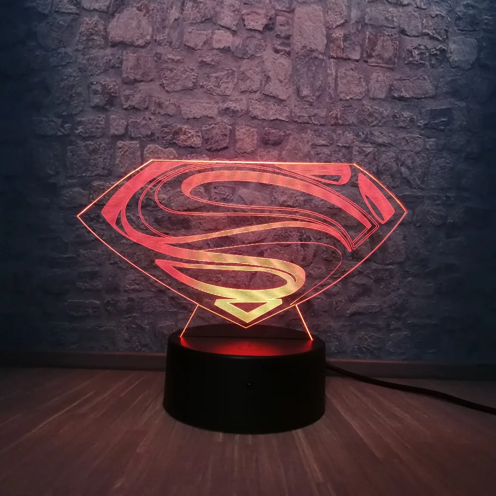 3D светодиодный DC Супермен логотип лампочки с символами, моделирующая лампа, 7 цветов, изменение иллюзии, настольный ночник, декор для комнаты, Детские вентиляторы, подарок, детская игрушка