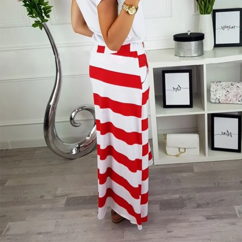 Женская длинная юбка в полоску синяя или красная повседневная до середины икры