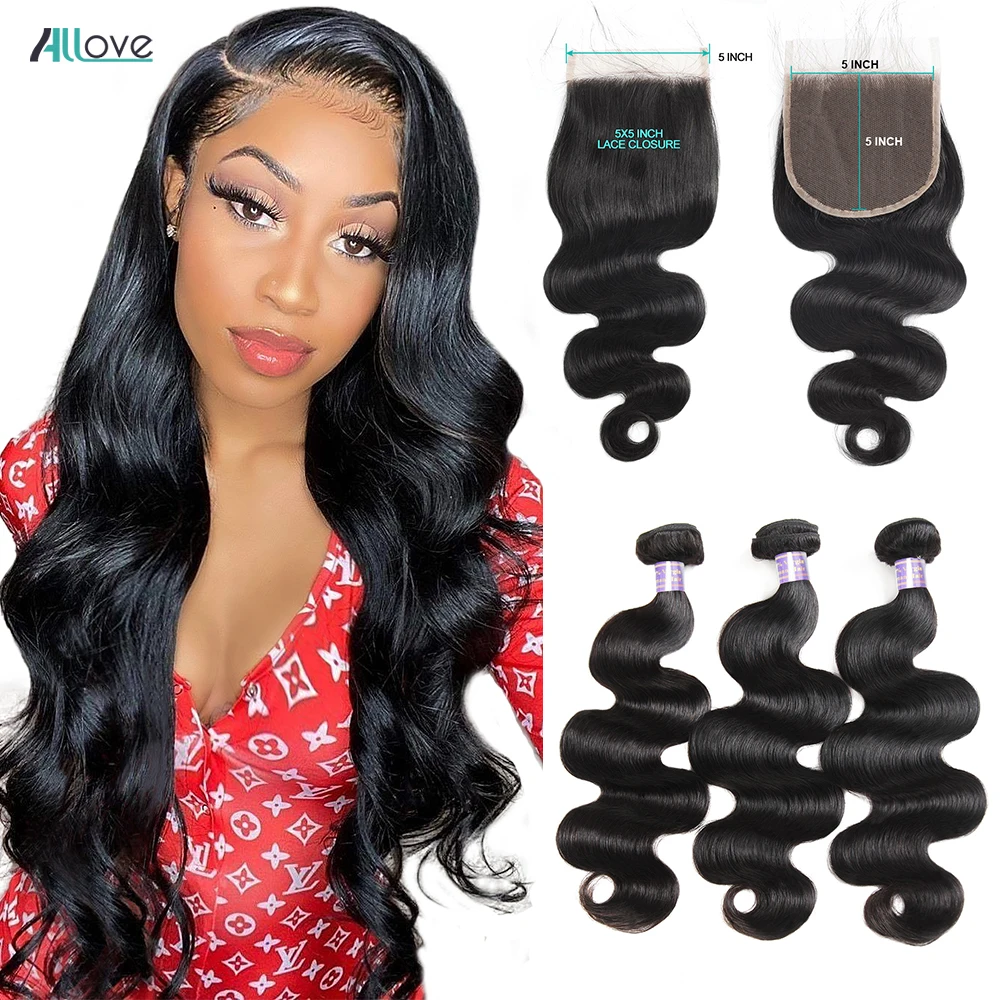 Allove бразильские волнистые волосы пряди с закрытием бесплатная часть 5X5 Кружева