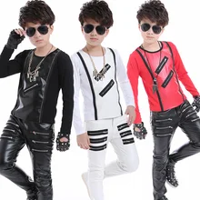 2021 Children Jazz Dance Costume Boys Hip Hop Clothing Leather Tops Trousers Street Dance Wear Stage