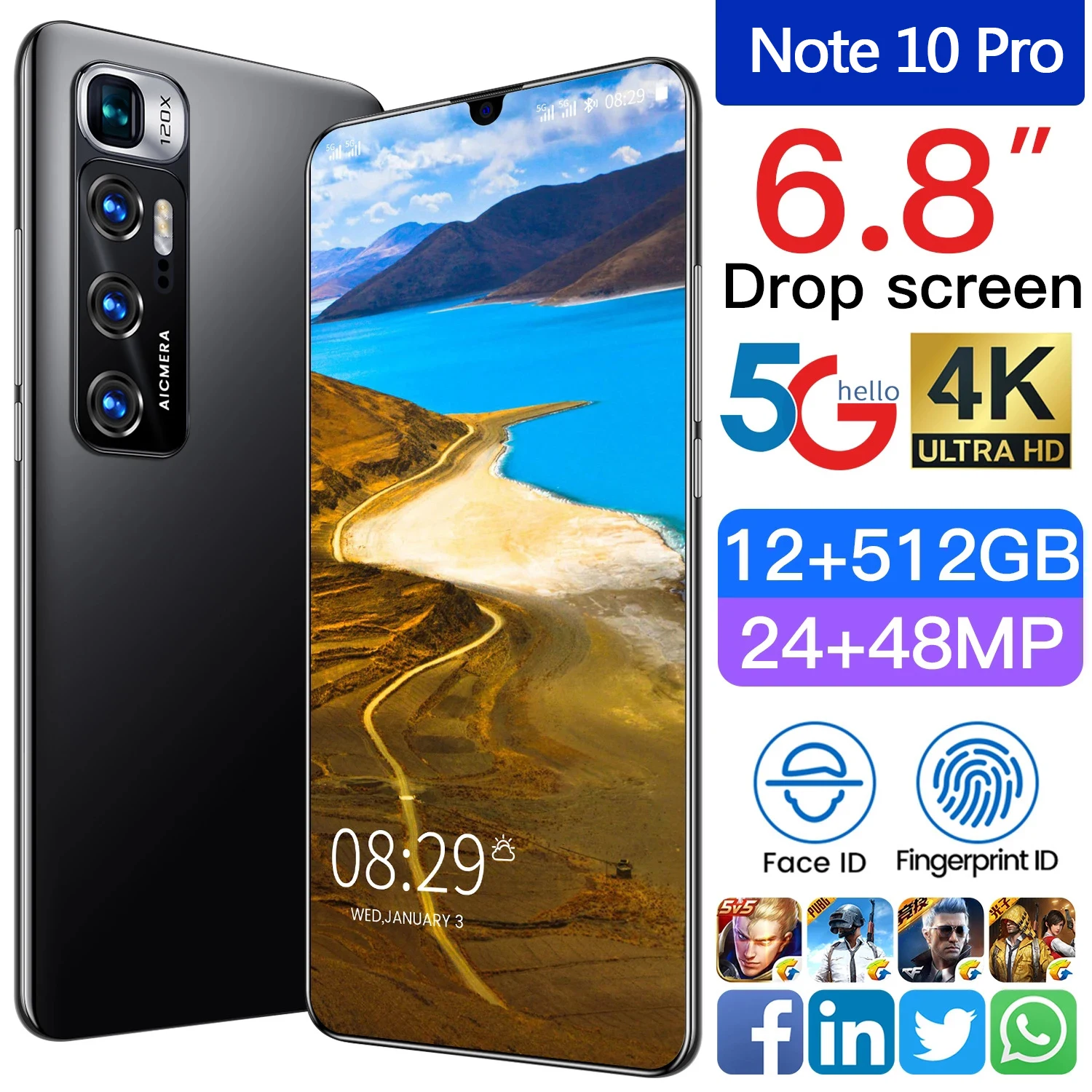 

Global Version Note10 Pro 6.8 Inch Smartphone 12G+512GB 5000mAh 10 Core Google Full Screen Android 5G Network Mobilephone