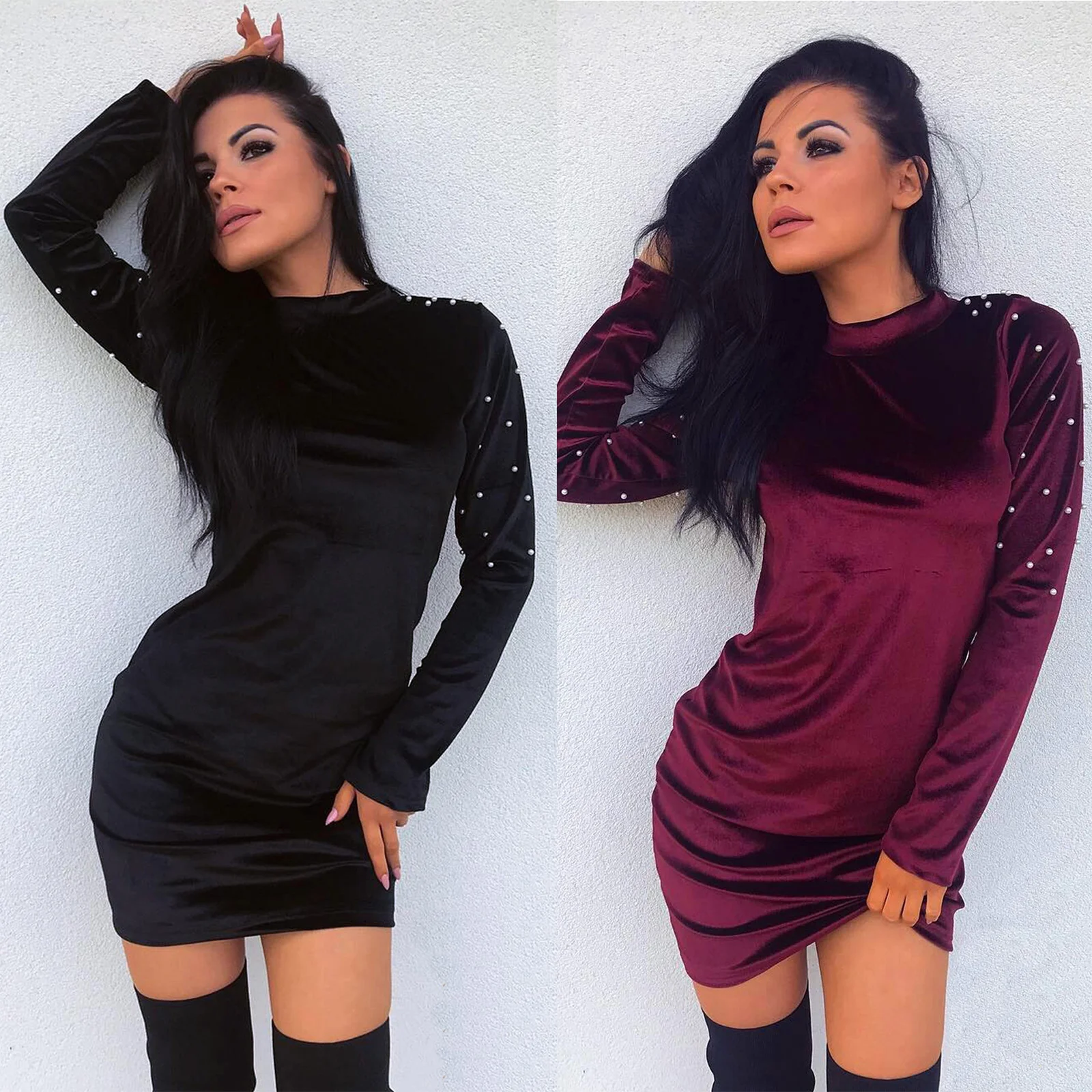 

Lady Velvet Long Sleeve Bodycon Mini Dress Winter Party Clubwear Casual Dresses