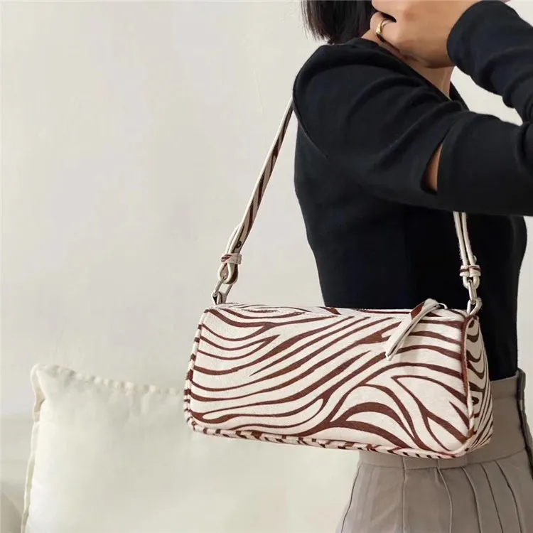 

Women Handbag Zebra Pattern Mohair Split Leather Small Casual Lady's Shoulder Purse French Designer Bolsos