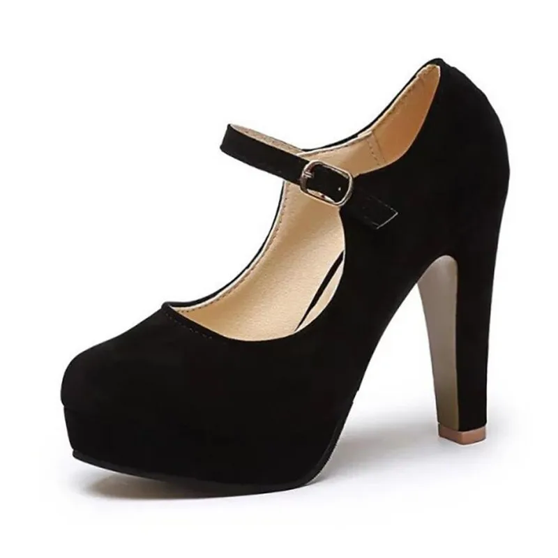 

2020 Sexy Mary Janes New Women OL high heels Black Flock Women Pumps Female Platform Winter Thick with Autumn Round Single Shoes