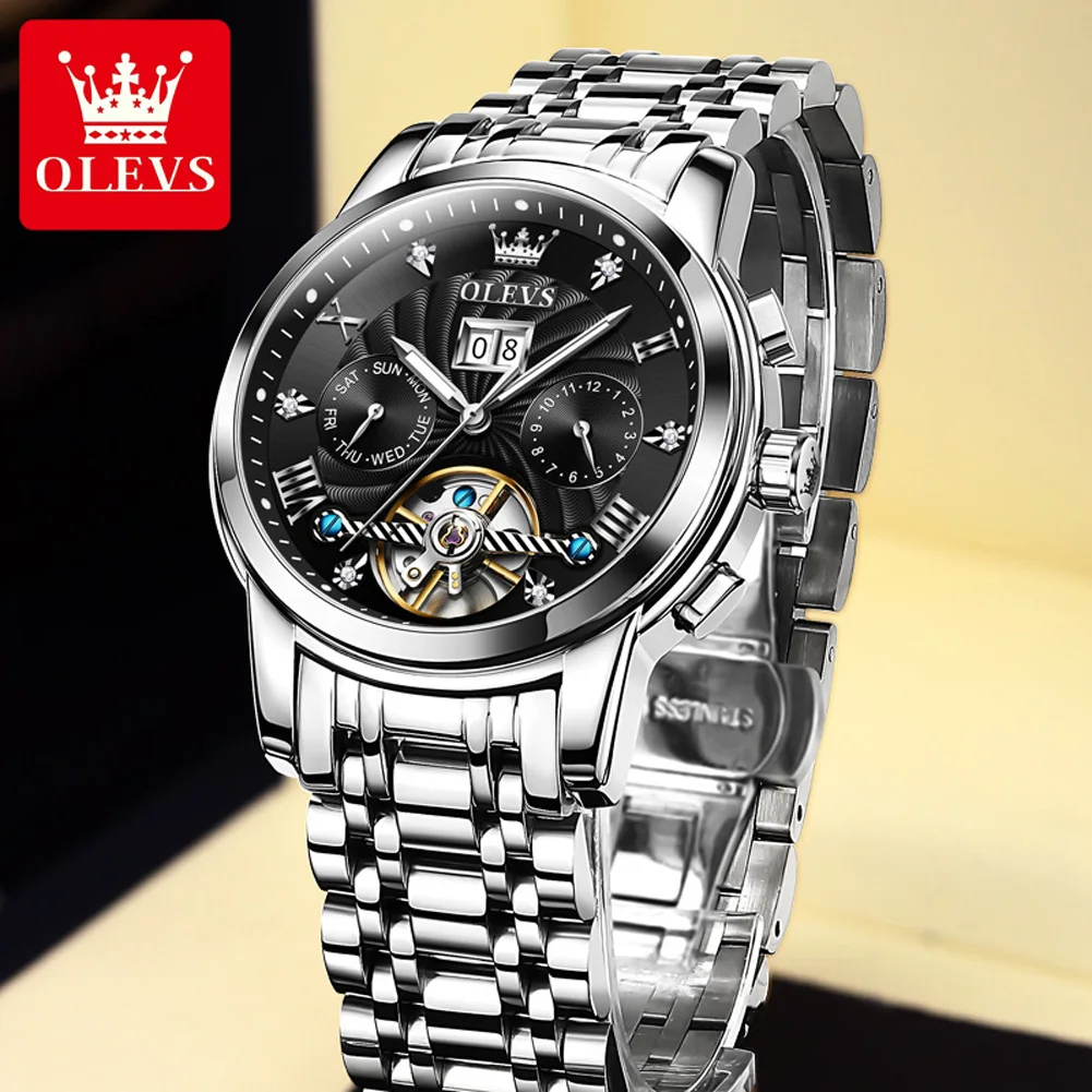 

OLEVS Mens 41mm Watch Automatic Mechanical Tourbillon Slef-Wind Luxury Stainless Steel Waterproof Luminous Date Wrist Watch 9910