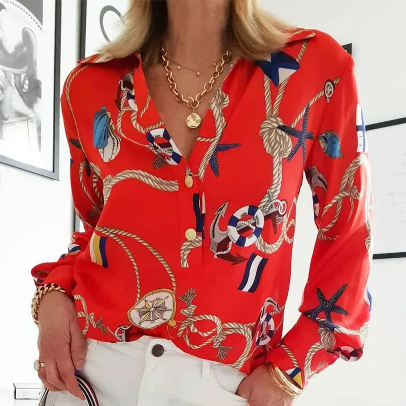 

2021 Summer Women V Neck Daily Wear Casual Loose Red Long Sleeve Tops Blouse Scarf Print Lantern Sleeve Shirt With Botton Design