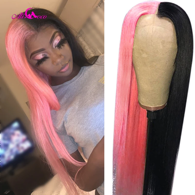 Али Коко 150% половина черный розовый парики бразильский Remy прямой зеленый