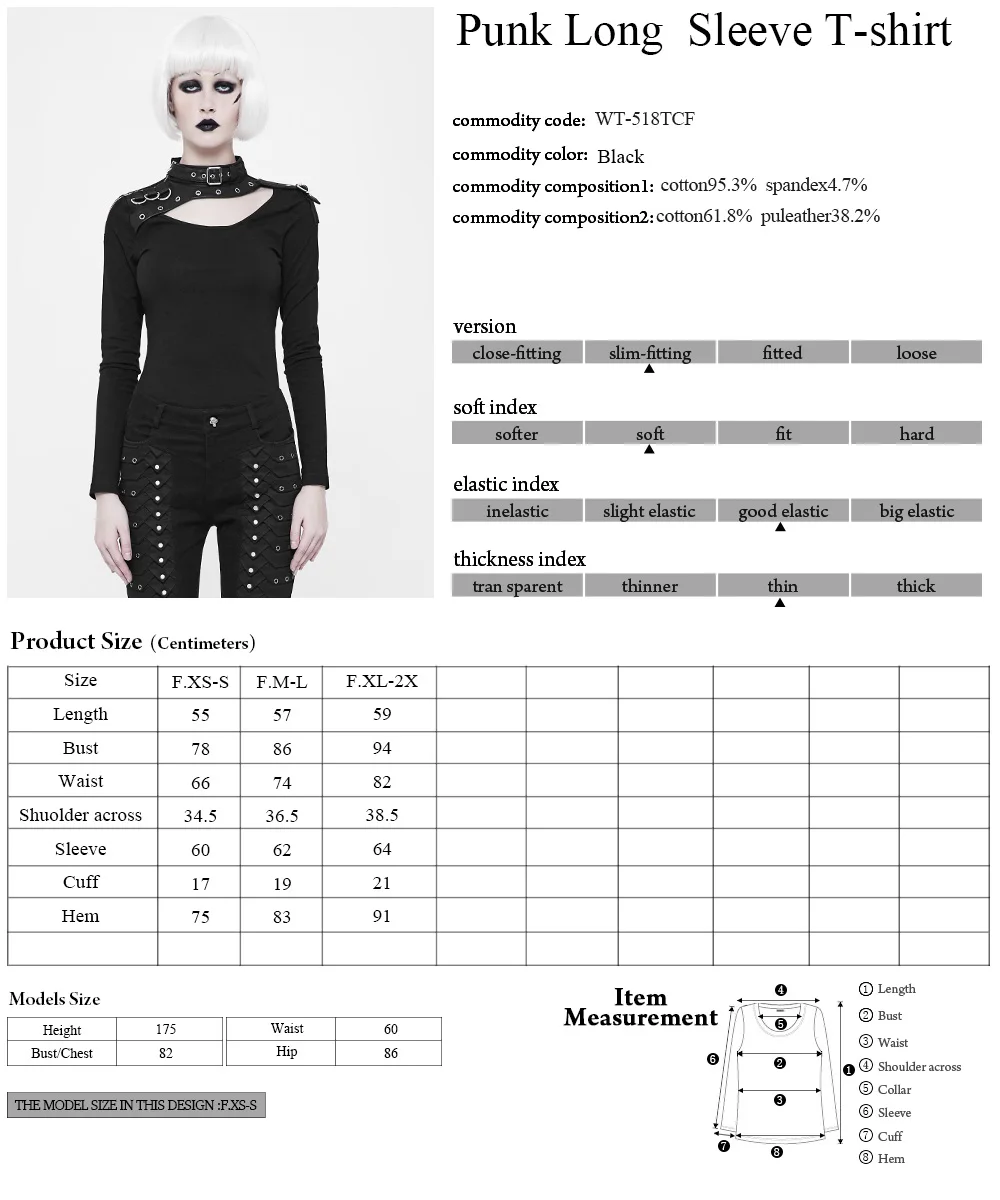 

PUNKRAVE Women's Punk Knit Long Sleeve T-shirt Handsome Metal Zipper Slim Fit Personality Tops
