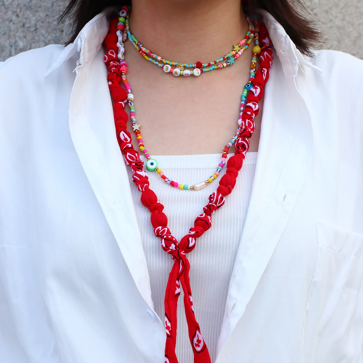 

Amorcome Ethnic Colorful Bandana Necklace Bohemian Handmade Braided Knot Long Necklaces Beach Style Color Shell Pendant Collares