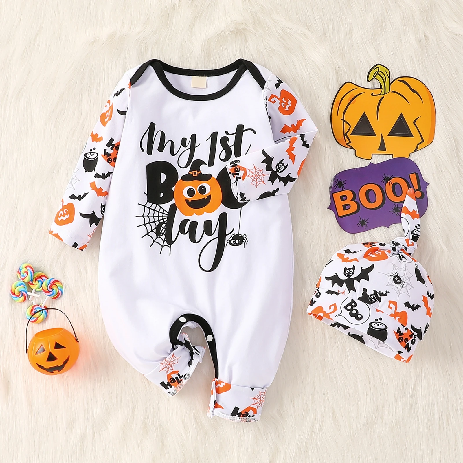 

Emmababy Halloween Baby Suit Set Cartoon Patterns Print Round Neck Long Sleeve Romper+ Hat for Spring Fall, 0-12 Months